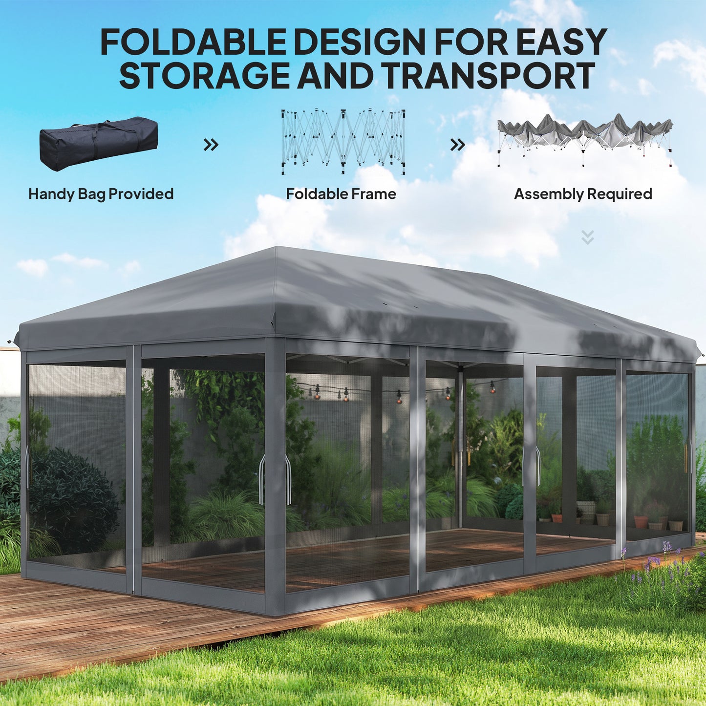 Outsunny 3 x 6m Pop Up Gazebo, Outdoor Canopy Shelter, Marquee Party Wedding Tent with 6 Mesh Walls and Carry Bag, Grey