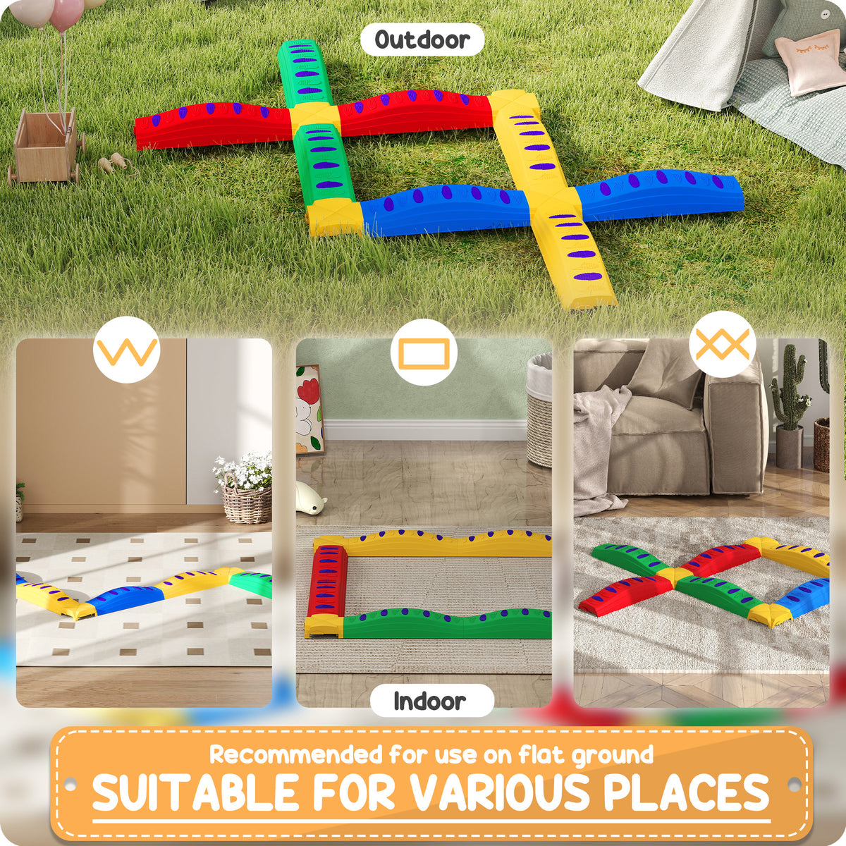 Multicoloured balance beam course arranged for indoor and outdoor play