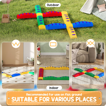 Multicoloured balance beam course arranged for indoor and outdoor play