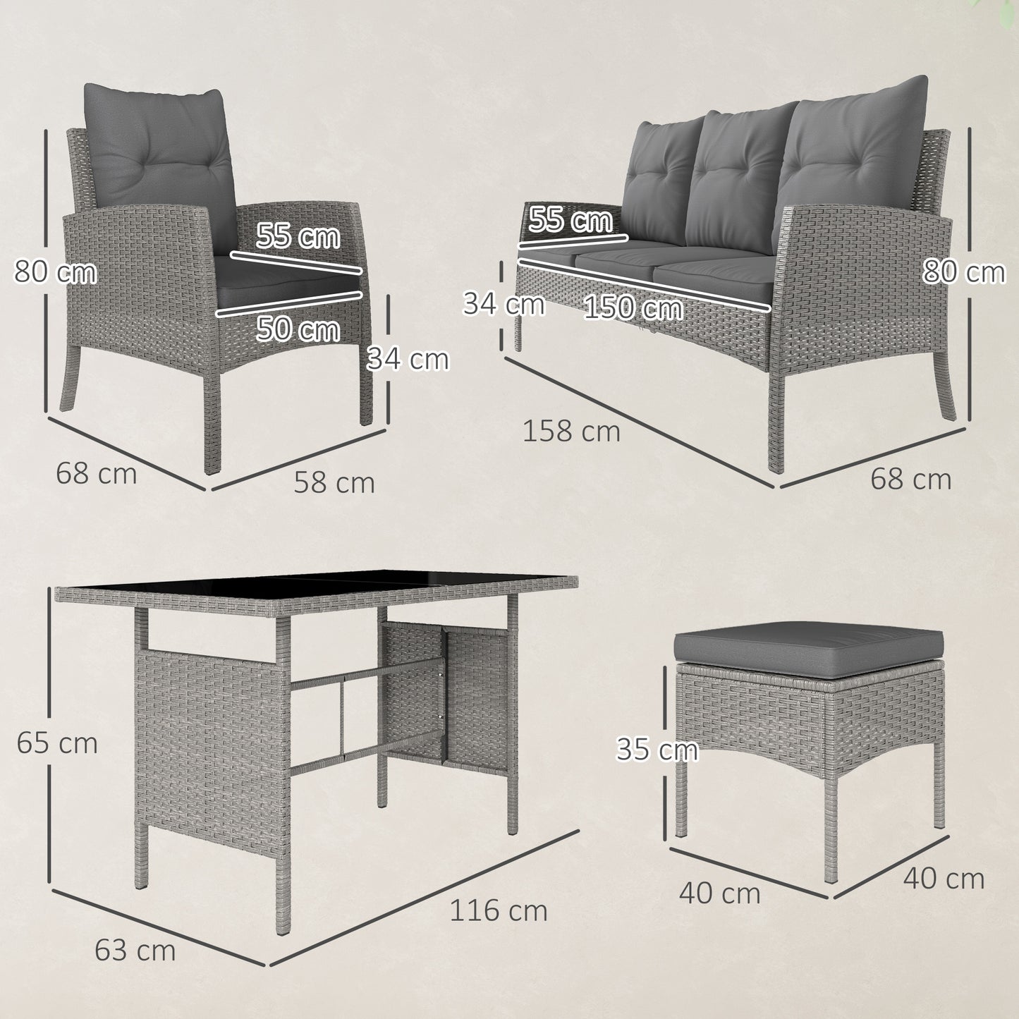 Outsunny 7 Seater Rattan Garden Furniture Set, 6 Piece Patio Dining Set, Armchairs, 3-Seater Sofa, Footstools, Glass Dining Table, Cushions, Wicker Outdoor Furniture for Conservatory Patio, Grey