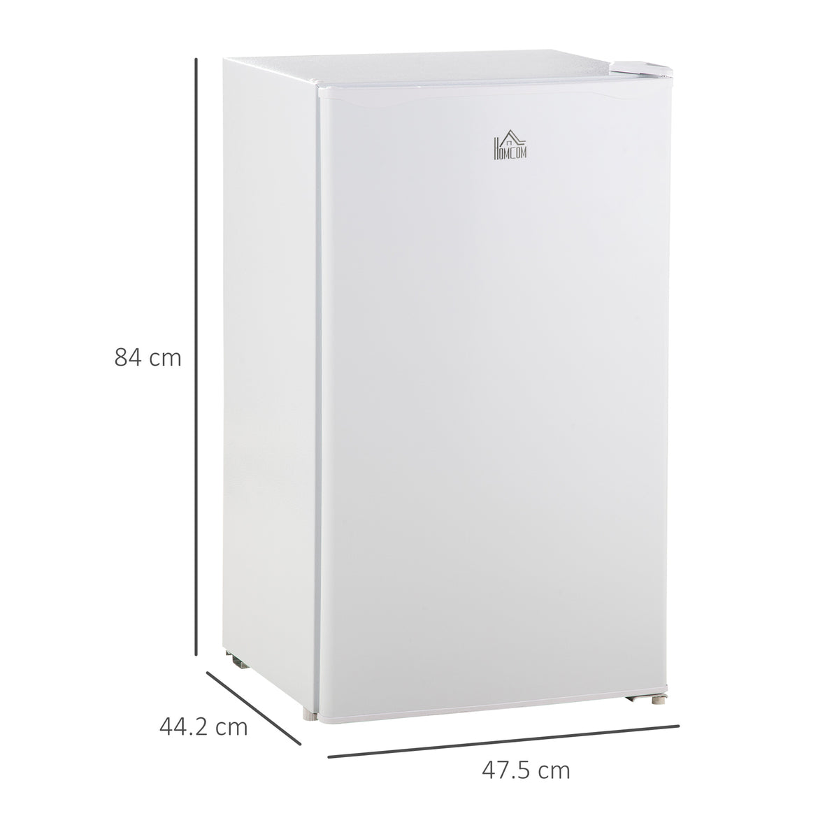 White compact fridge shown with dimensions of 84 cm high, 47.5 cm wide, and 44.2 cm deep.