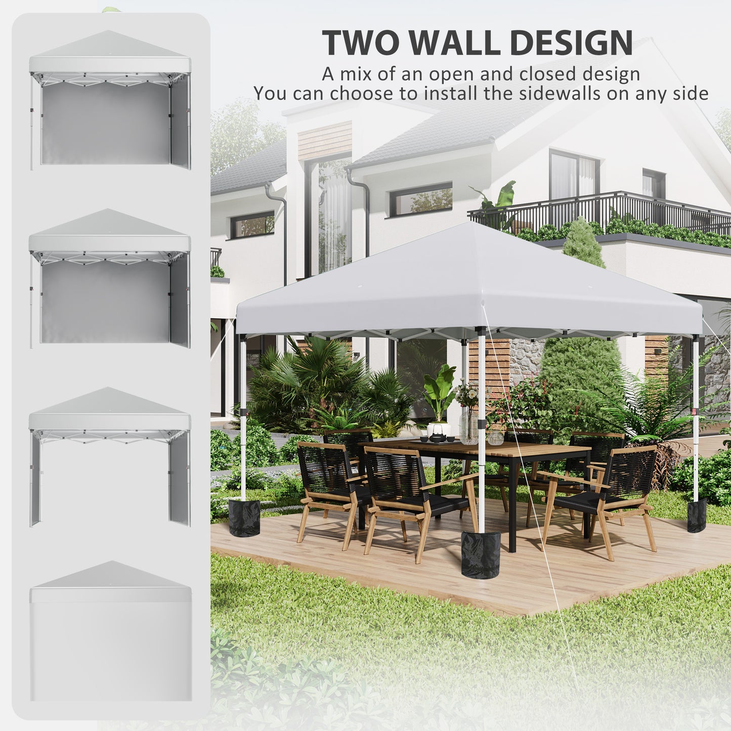 Outsunny 3 x 3 (M) Pop Up Gazebo, UPF 30+ with 2 Sidewalls, Leg Weight Bags and Wheeled Bag, Height Adjustable Party Tent Event Shelter for Garden, Patio, White