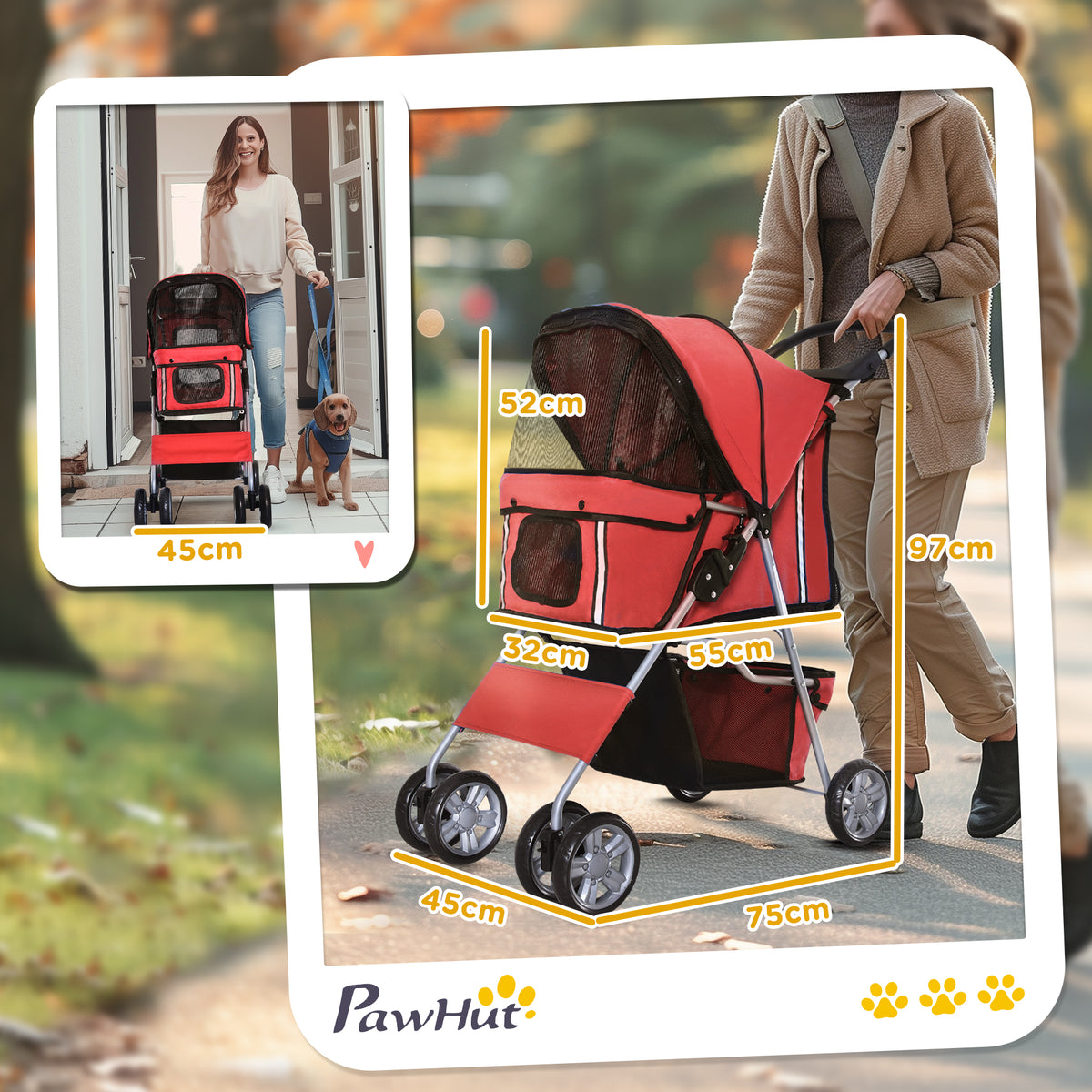 Red pet stroller with canopy, mesh windows, storage basket and size measurements