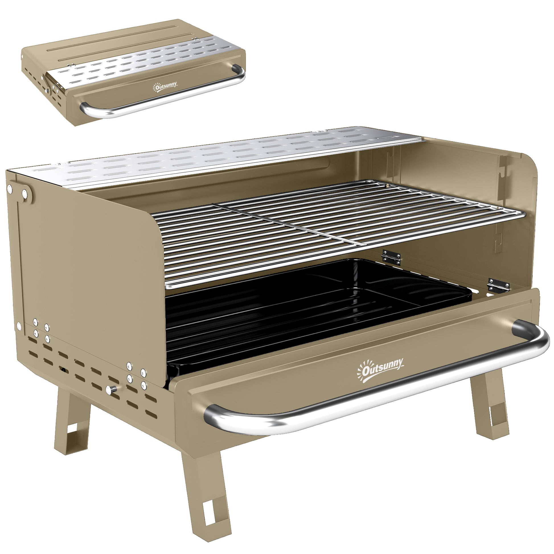 Photo of Outsunny Portable BBQ Grill, Charcoal Barbecue Grill with Adjustable Grates, Foldable Legs, Side Shelf for Camping Travel, Khaki in Khaki colour on a white background