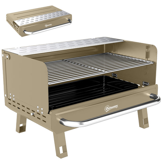 Photo of Outsunny Portable BBQ Grill, Charcoal Barbecue Grill with Adjustable Grates, Foldable Legs, Side Shelf for Camping Travel, Khaki in Khaki colour on a white background