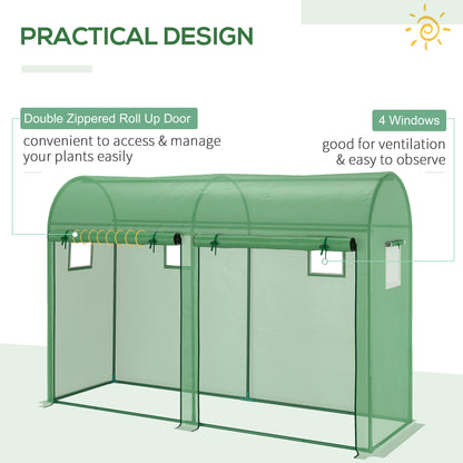 Green walk-in greenhouse with double roll-up doors and four windows.