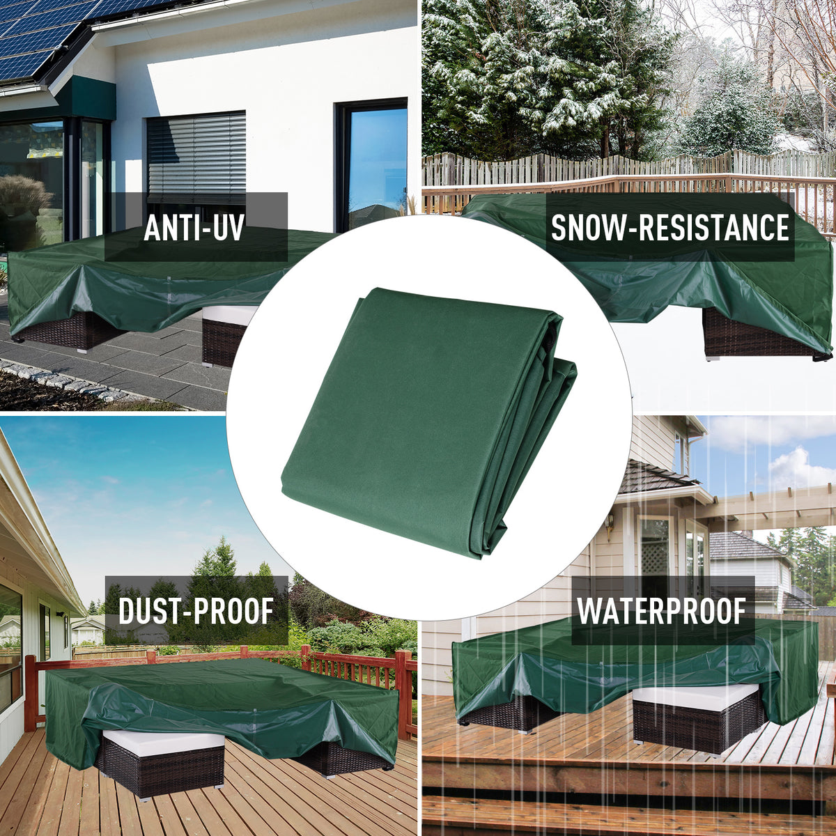 Green rectangular patio furniture cover shown folded and protecting outdoor furniture