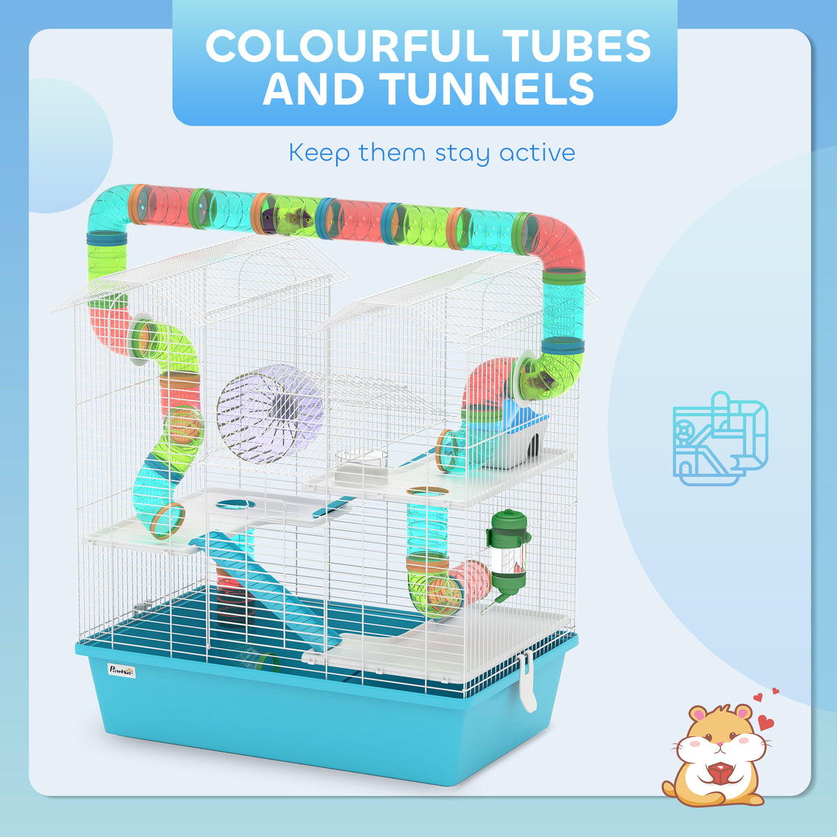 PawHut hamster cage with colorful tunnels, exercise wheel, platforms and water bottle