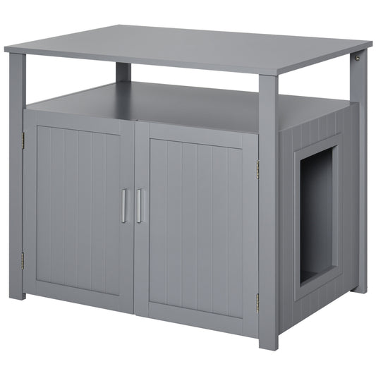 Photo of PawHut Wooden Cat Litter Box Enclosure Furniture with Adjustable Interior Wall & Large Tabletop for Nightstand, Grey in Grey colour on a white background