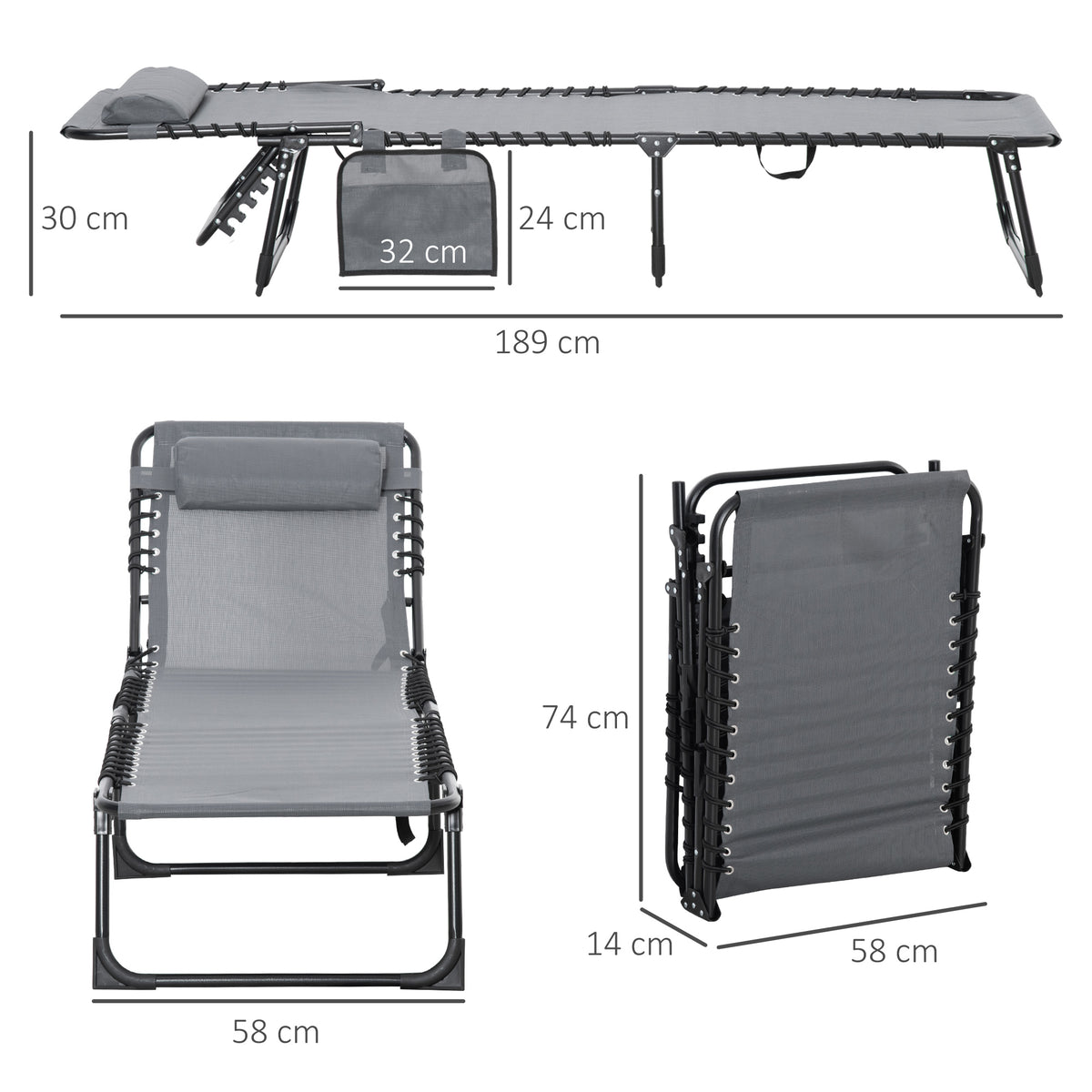 Grey folding sun lounger with pillow, shown open and folded with dimensions