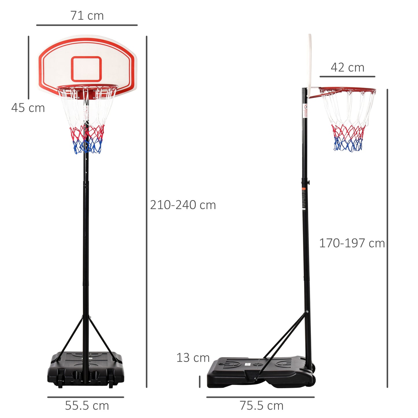 HOMCOM Portable Basketball Stand 170-197cm Adjustable Height Sturdy Rim Hoop w/ Large Wheels Stable Base Net Free Standing