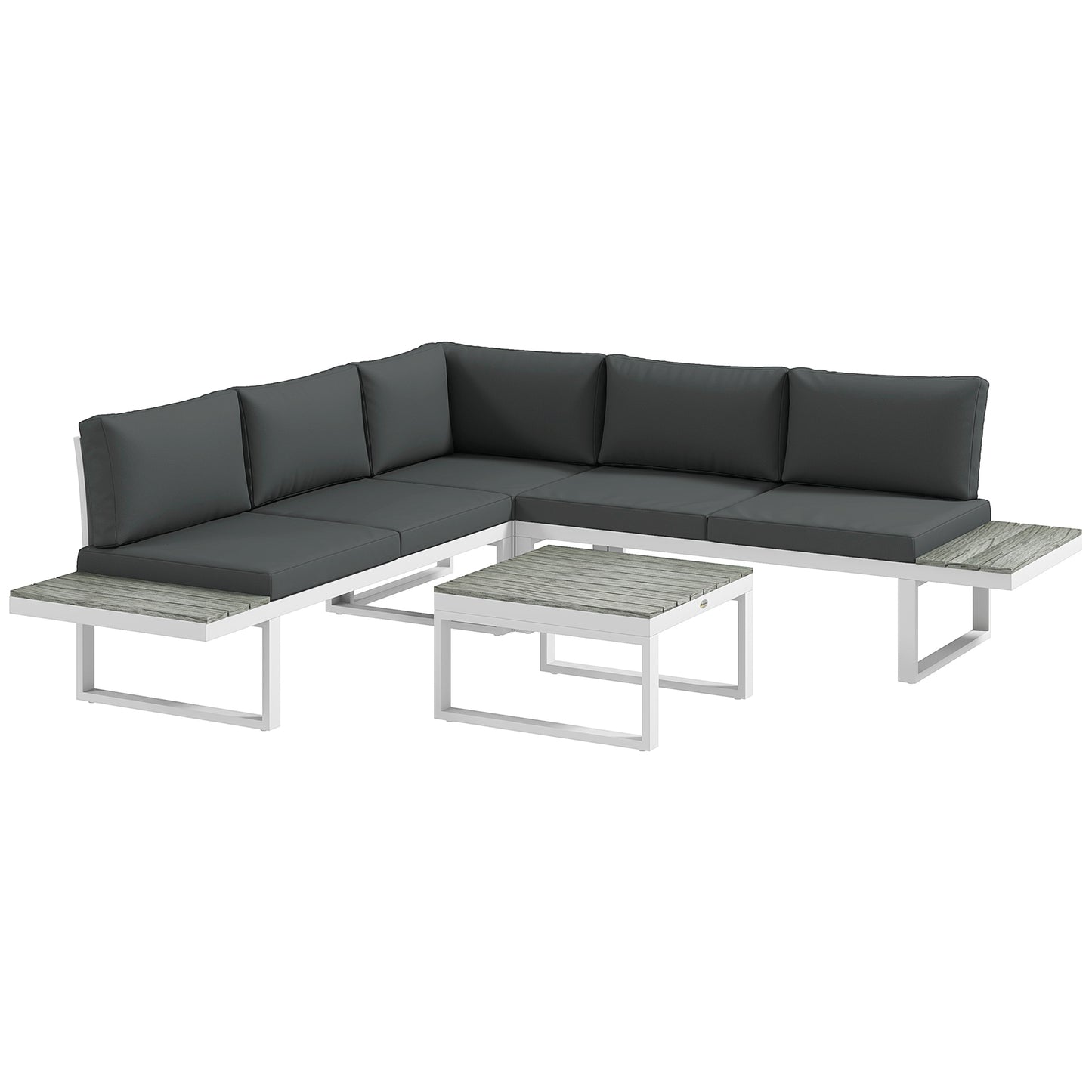 Photo of Outsunny 4 Pieces Garden Furniture Set, 5-Level Reclining Garden Corner Sofa Set, Outdoor Lounge Conversation Sectional with Cushions, Wood Effect Plastic Table, White Frame & Grey Cushion in Cushion colour on a white background