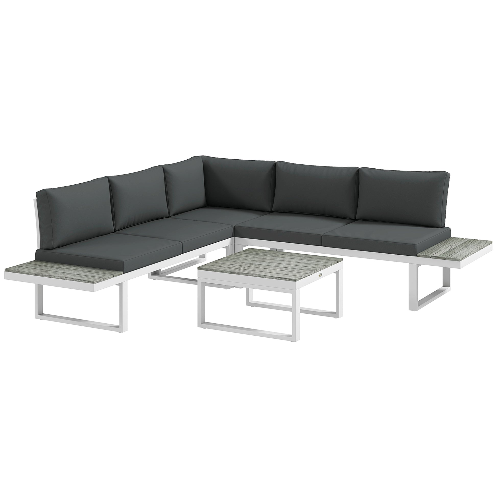 Photo of Outsunny 4 Pieces Garden Furniture Set, 5-Level Reclining Garden Corner Sofa Set, Outdoor Lounge Conversation Sectional with Cushions, Wood Effect Plastic Table, White Frame & Grey Cushion in Cushion colour on a white background