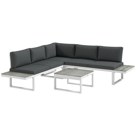 Photo of Outsunny 4 Pieces Garden Furniture Set, 5-Level Reclining Garden Corner Sofa Set, Outdoor Lounge Conversation Sectional with Cushions, Wood Effect Plastic Table, White Frame & Grey Cushion in Cushion colour on a white background