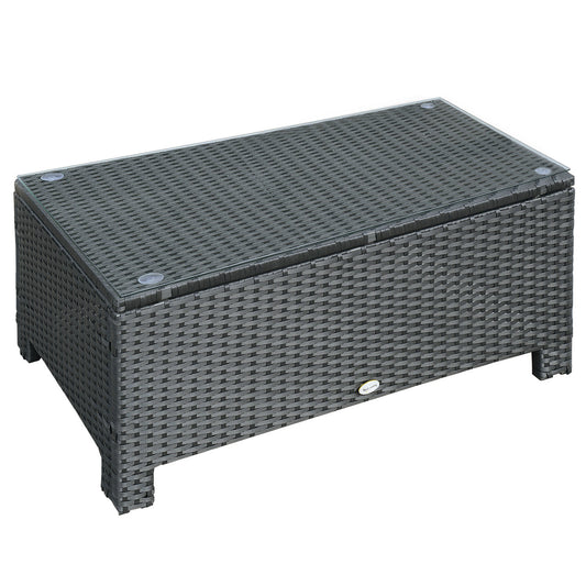 Photo of Outsunny PE Rattan Coffee Table, Rectangular Outdoor Coffee Table with Tempered Glass Top, 70 KG Capacity for Garden, Balcony, Terrace, Patio, Black in Black colour on a white background