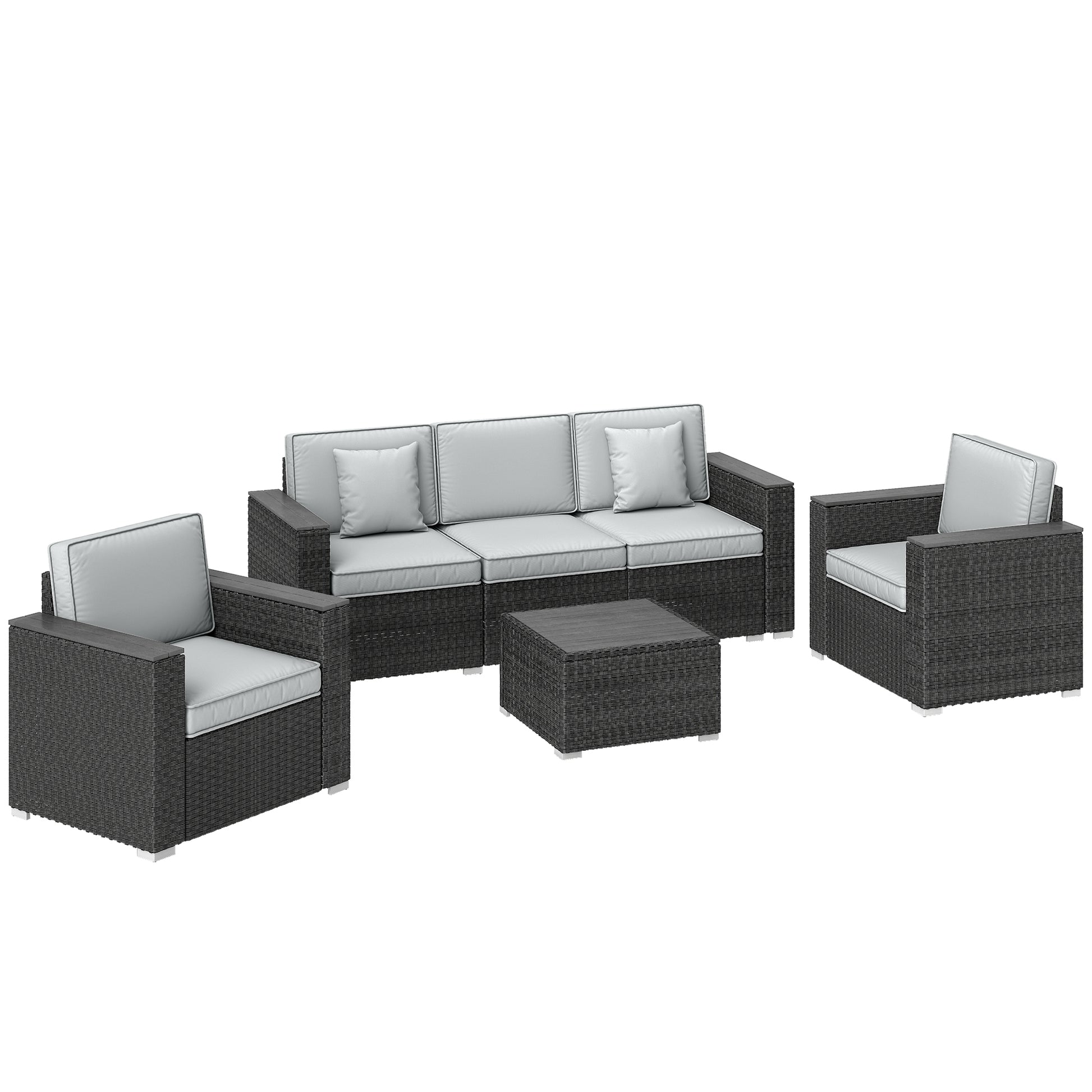 Photo of Outsunny 5 Seater Rattan Garden Furniture Set with Wide Armrests, Cushions, Pillows for Patio, Dark Grey in Grey colour on a white background