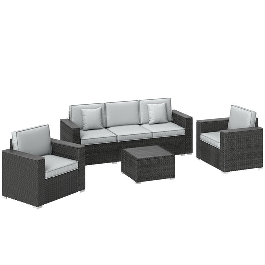 Photo of Outsunny 5 Seater Rattan Garden Furniture Set with Wide Armrests, Cushions, Pillows for Patio, Dark Grey in Grey colour on a white background