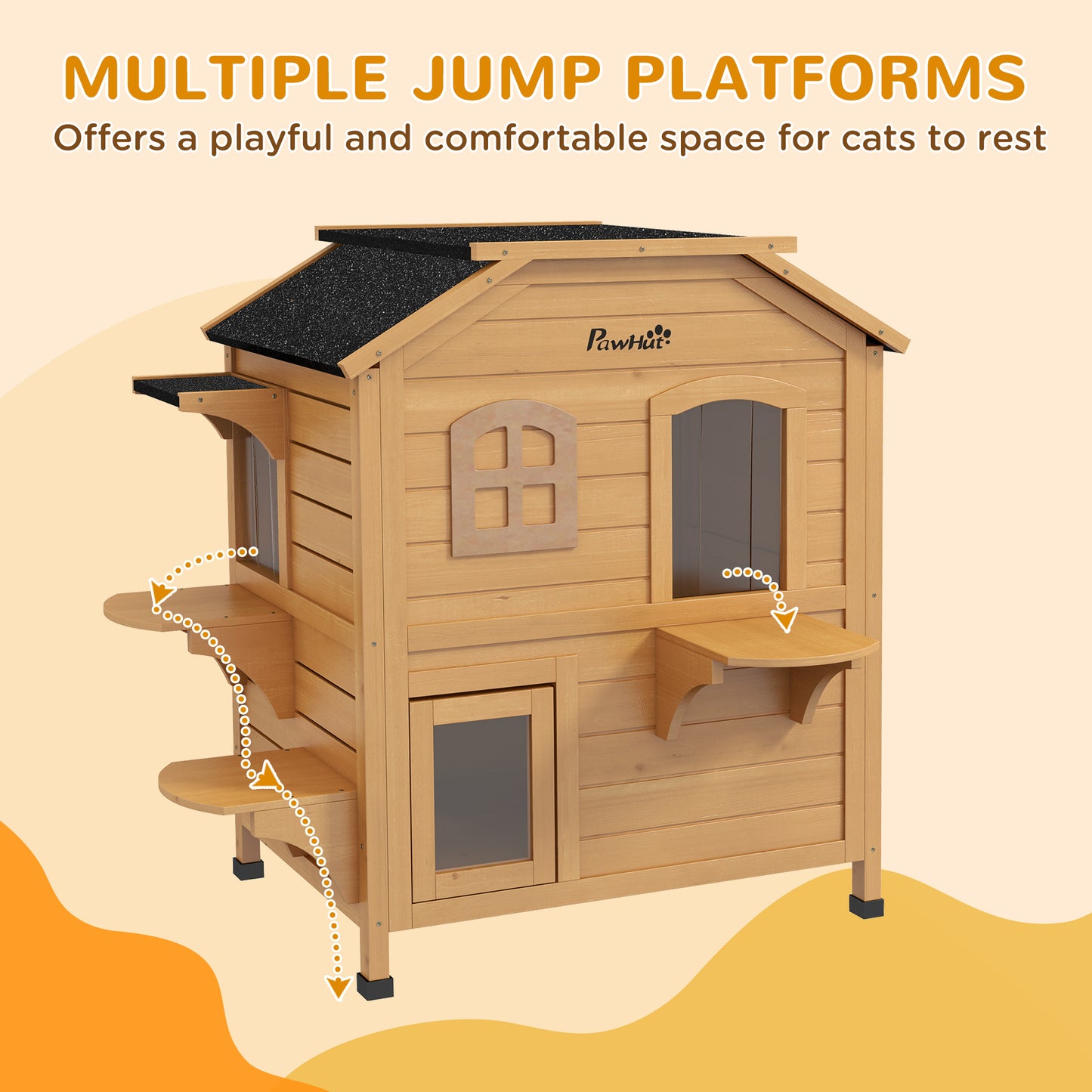 PawHut 2-story Cat House Outdoor, Weatherproof Wooden Cat Enclosure with Openable Roof, Jumping Platforms, Natural Wood Finish