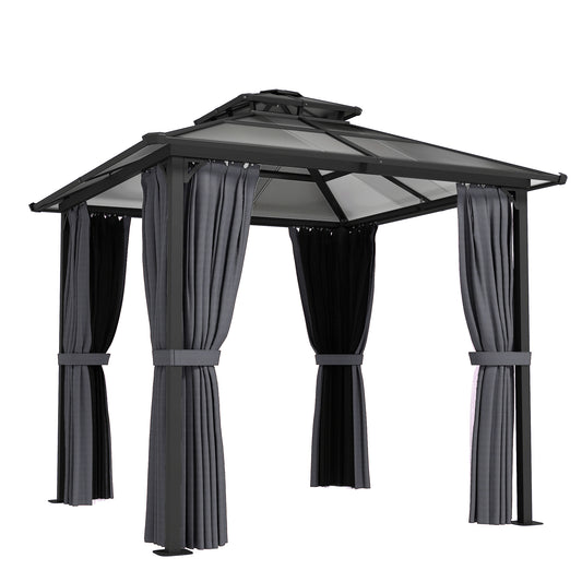 Photo of Outsunny 2.5 x 2.5 m Hardtop Gazebo Canopy with Double PC Roof, Drainage Gutters, Garden Gazebo Permanent Pavilion, Dark Grey in Grey colour on a white background