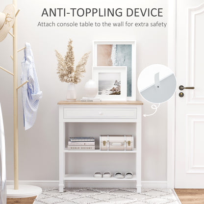 White console table with wood-look top, one drawer, two shelves and wall safety strap