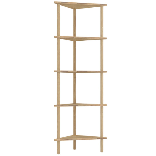 Photo of HOMCOM Bamboo Storage Shelf, 5-tier Corner Shelf, Freestanding Shelving Unit for Living Room, Home Office, Natural Wood Finish in Finish colour on a white background