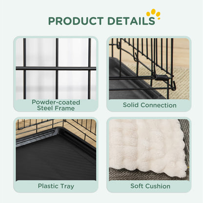 PawHut crate details: powder-coated steel frame, solid joints, plastic tray, and soft cushion