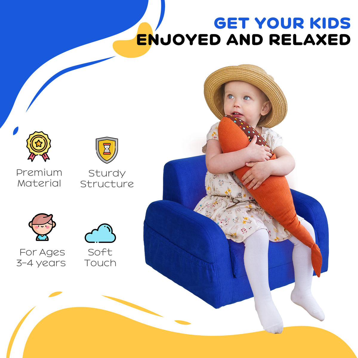 Blue padded kids' armchair with rounded arms and a supportive backrest.