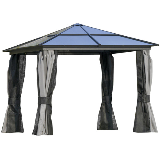 Photo of Outsunny 3 x 3(m) Hardtop Gazebo Canopy with Polycarbonate Roof, Aluminium Frame, Permanent Pavilion Garden Gazebo with Netting and Curtains for Patio, Deck, Dark Grey in Grey colour on a white background