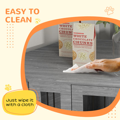 Grey dog crate side table with a wipe-clean wood-grain top