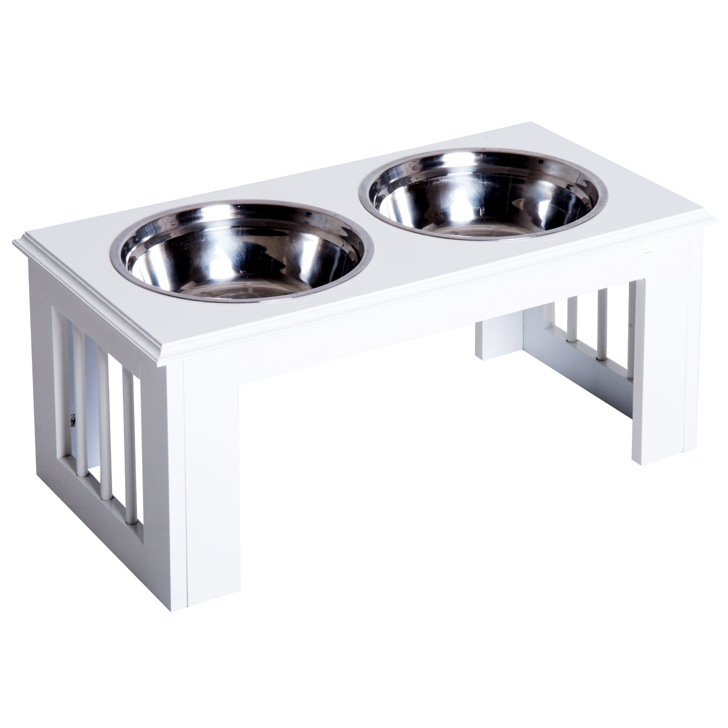 Photo of PawHut Raised Dog Feeding Bowls with Stand, Stainless Steel for Medium Dog, 58L x 31W x 25H cm - White in White colour on a white background