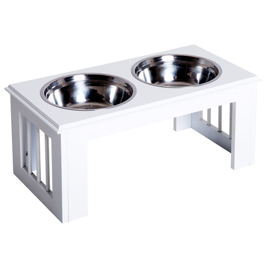 Photo of PawHut Raised Dog Feeding Bowls with Stand, Stainless Steel for Medium Dog, 58L x 31W x 25H cm - White in White colour on a white background