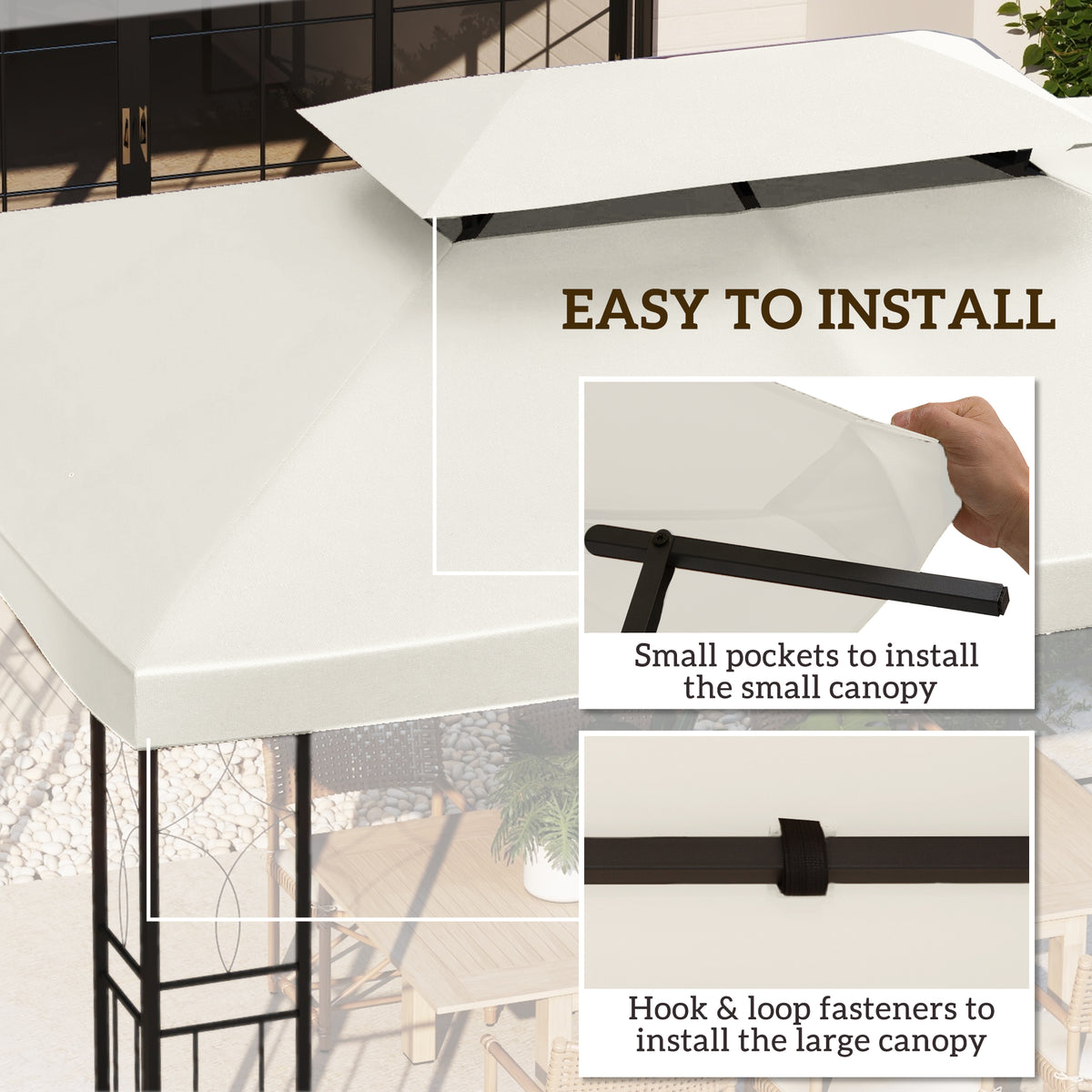 Cream two-tier gazebo canopy roof with small upper cover and hook-and-loop fasteners