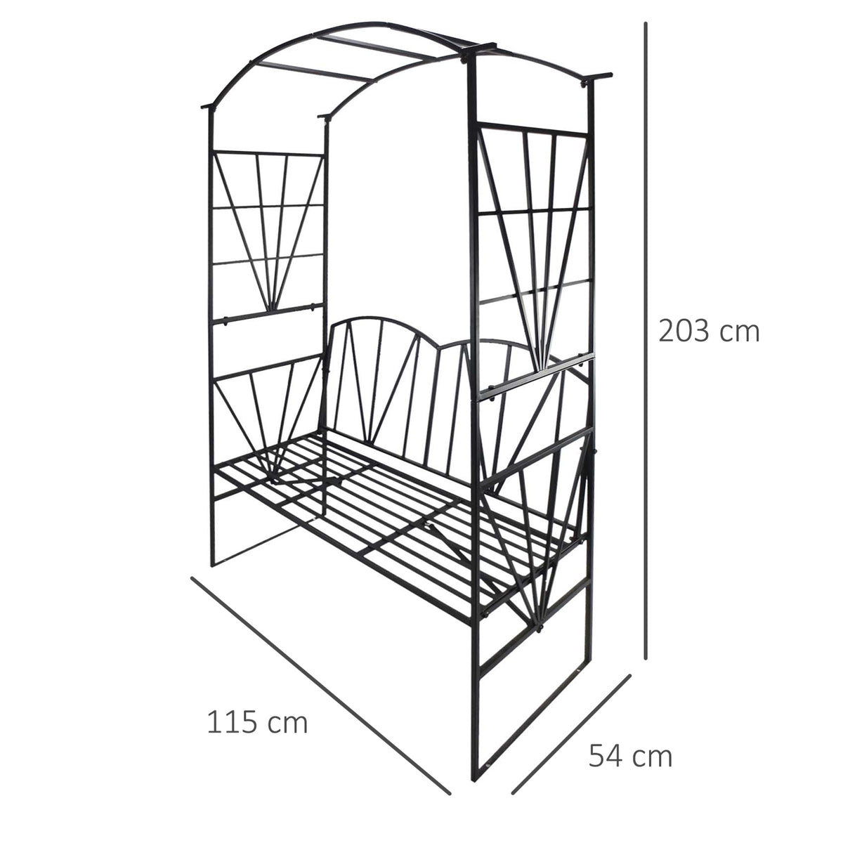Angled view of black metal garden bench with arch and dimensions shown