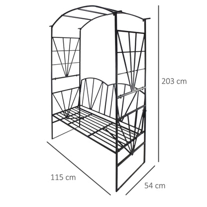 Angled view of black metal garden bench with arch and dimensions shown