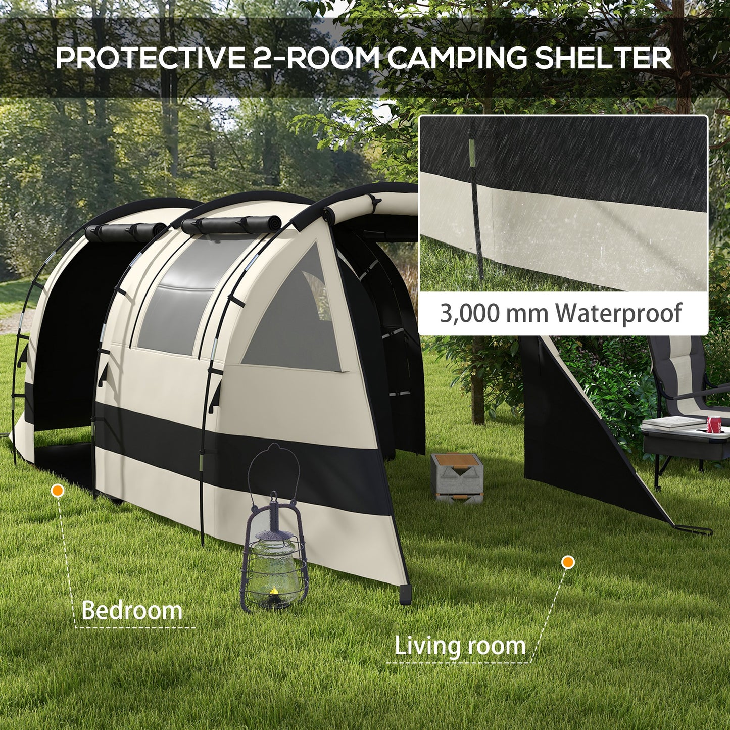 Outsunny Camping Tent, 4-5 Man Blackout Tent with Bedroom and Living Room, Portable with Bag, for Fishing Hiking Festival, Khaki