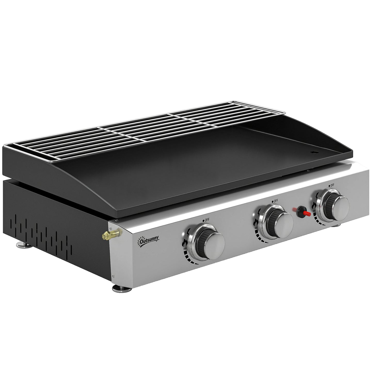 Photo of Outsunny 3 Burner Grill Griddle, Portable Gas Plancha with Warming Rack, 7.5 kW, Tabletop Gas BBQ with Grease Cup, Black in Black colour on a white background