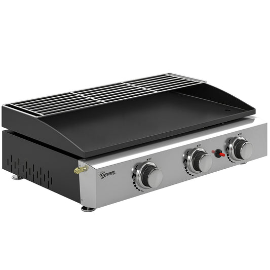 Photo of Outsunny 3 Burner Grill Griddle, Portable Gas Plancha with Warming Rack, 7.5 kW, Tabletop Gas BBQ with Grease Cup, Black in Black colour on a white background