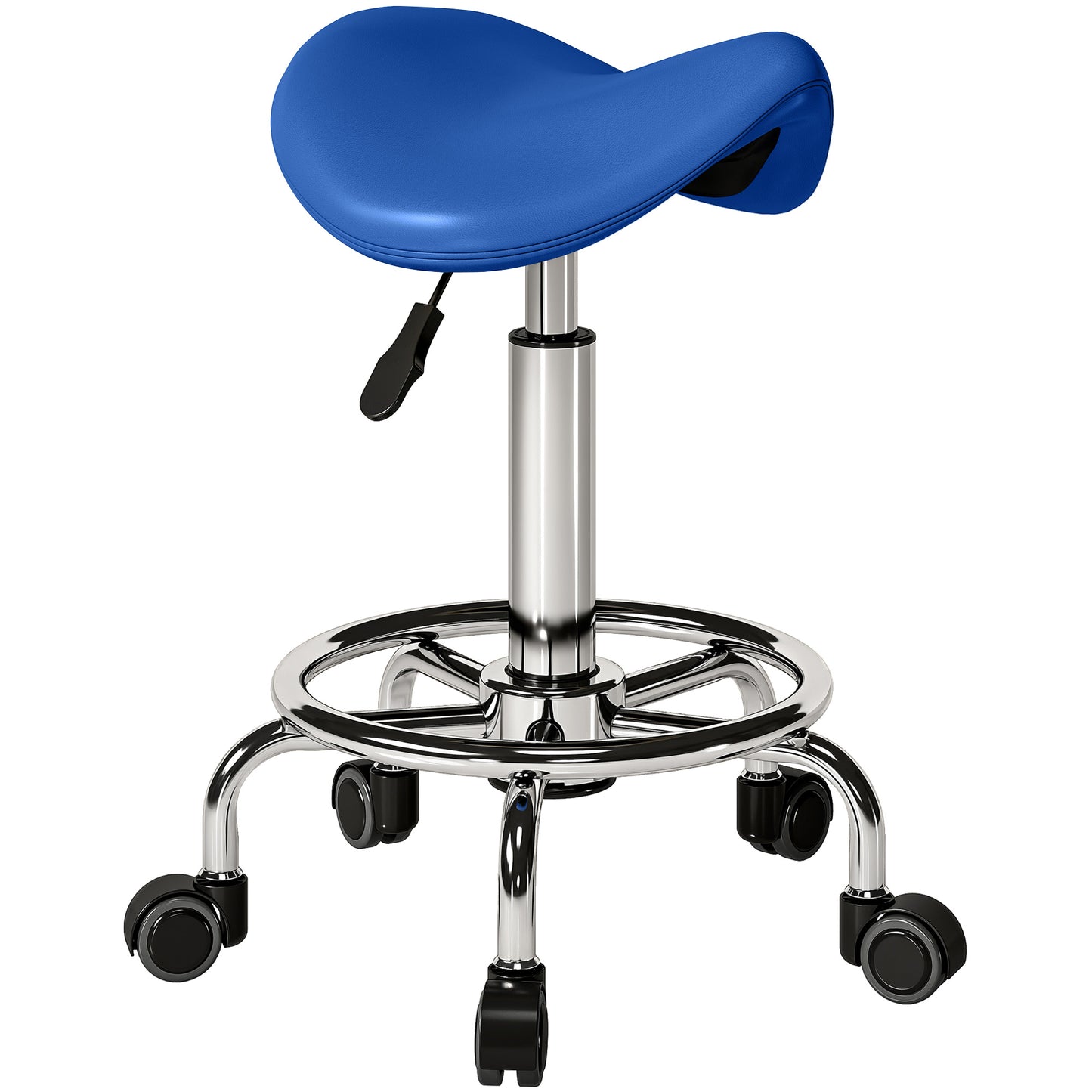Photo of HOMCOM Salon Saddle Stool, Rolling Saddle Chair for Massage, Spa, Clinic, Beauty, Hairdressing and Tattoo, Blue in Blue colour on a white background