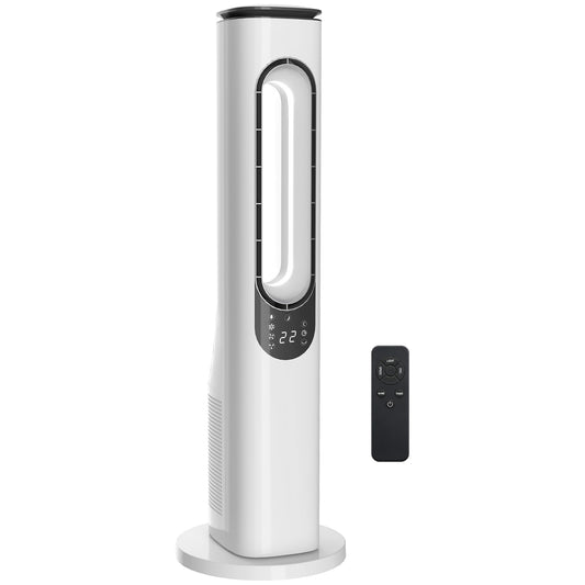 Photo of HOMCOM Bladeless Tower Fan for Bedroom, 35dB Standing Cooling Fan with Oscillating, LED Lights, 3 Speeds, 15H Timer, White in White colour on a white background