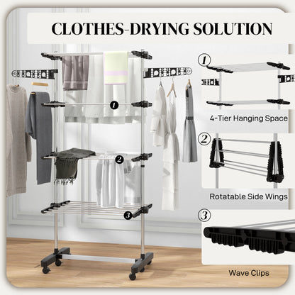 HOMCOM clothes rack with four drying tiers, rotatable side wings, and wave clips