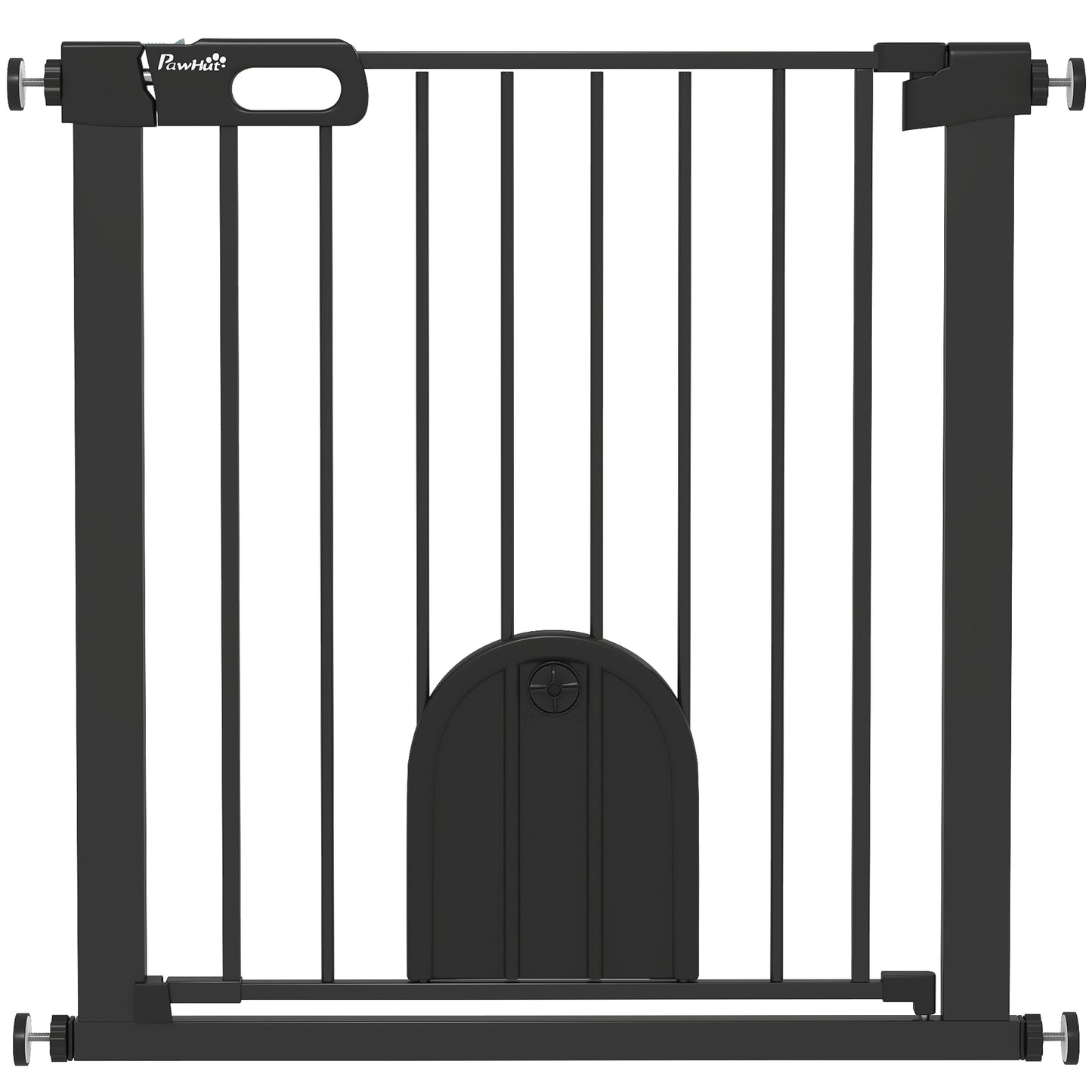 Photo of PawHut Dog Gate with Cat Flap Pet Safety Gate Barrier, Stair Pressure Fit, Auto Close, Double Locking, 75-82 cm Black in Black colour on a white background