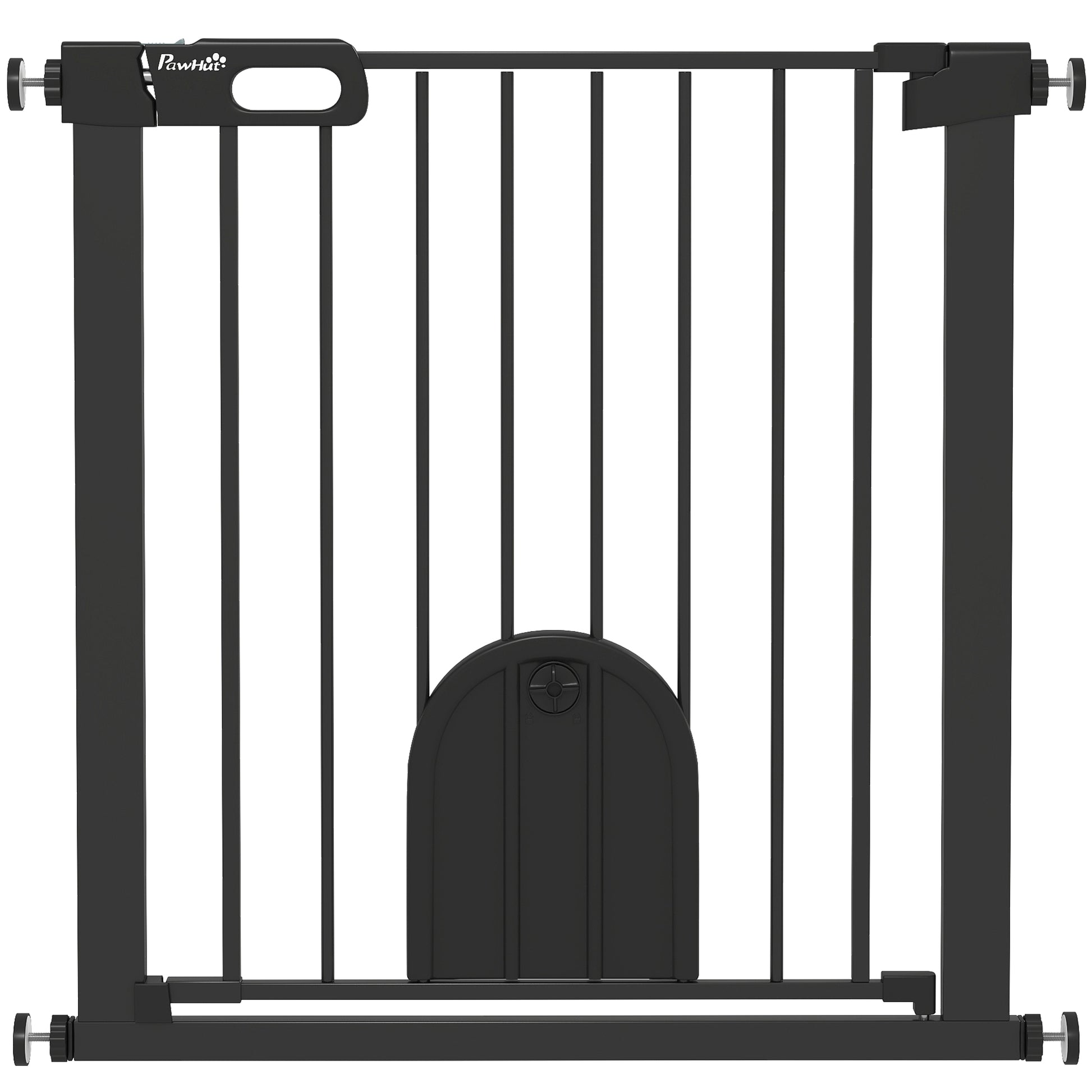 Photo of PawHut Dog Gate with Cat Flap Pet Safety Gate Barrier, Stair Pressure Fit, Auto Close, Double Locking, 75-82 cm Black in Black colour on a white background