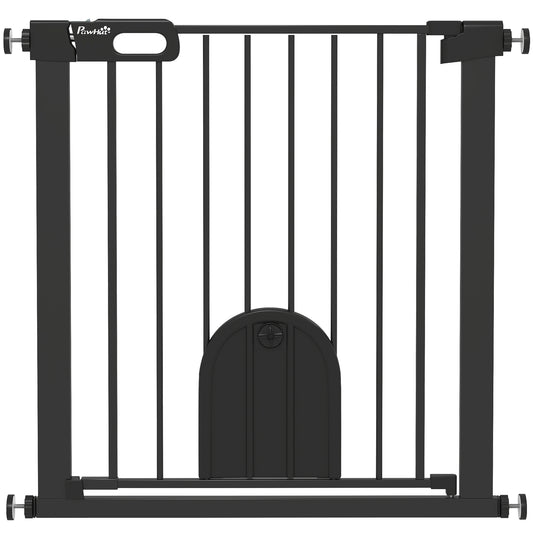 Photo of PawHut Dog Gate with Cat Flap Pet Safety Gate Barrier, Stair Pressure Fit, Auto Close, Double Locking, 75-82 cm Black in Black colour on a white background