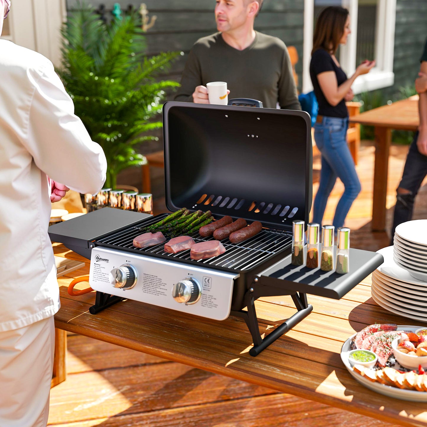 Outsunny Two-Burner Compact Gas Grill with 2 Folding Side Shelves - Black