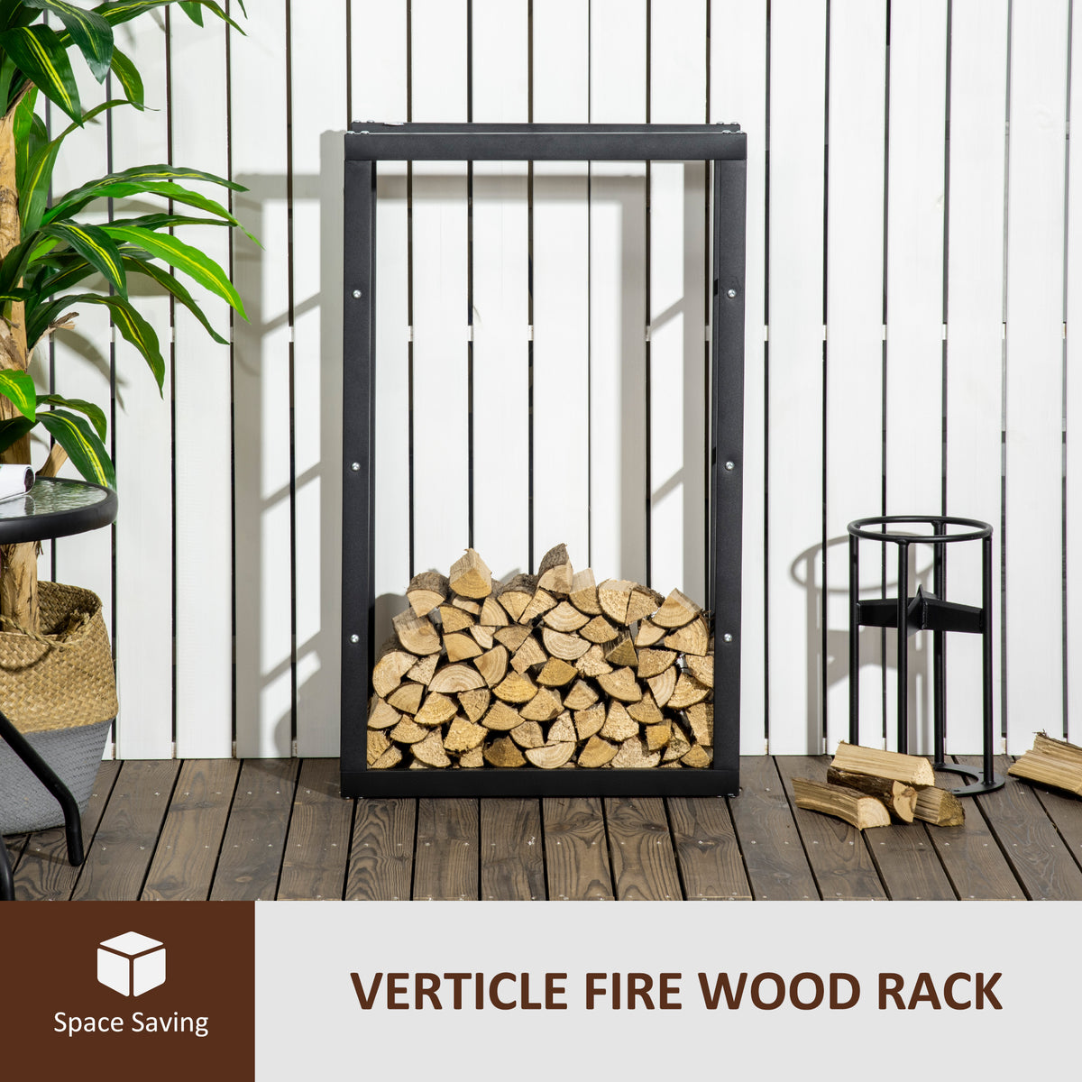 Tall black firewood rack holding split logs in a vertical stack.