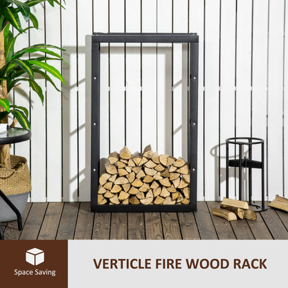 Tall black firewood rack holding split logs in a vertical stack.