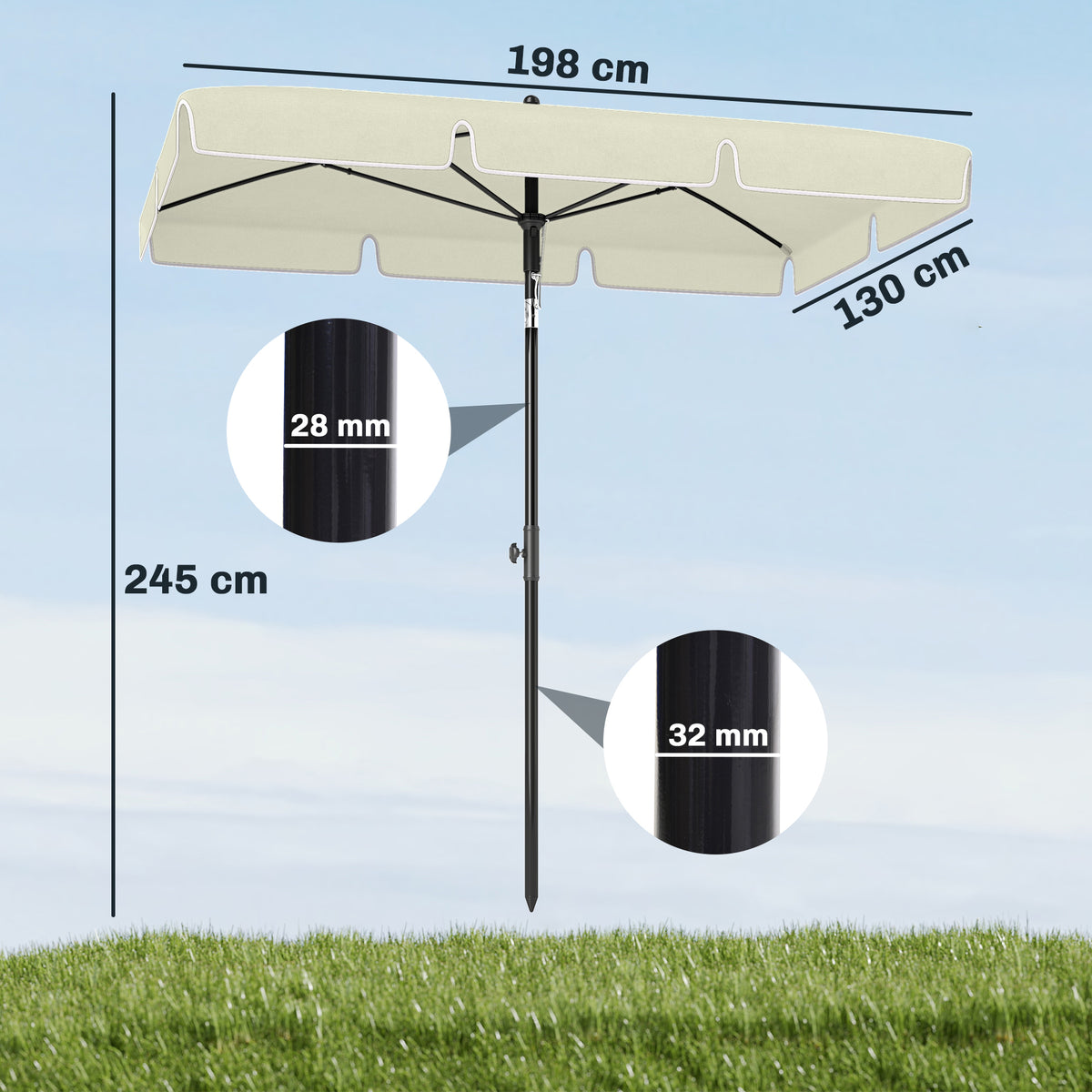 Rectangular parasol shown with 198 by 130 cm canopy and 245 cm height