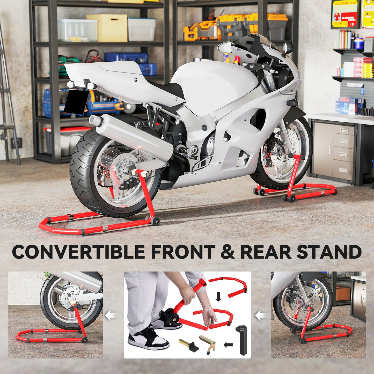 HOMCOM Motorcycle Stand, Front/Rear Paddock Stand, with 390 kg Weight Capacity, Red
