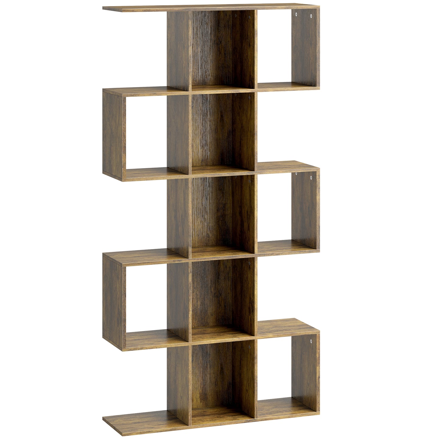 Photo of HOMCOM 5-Tier Bookshelf, S Shaped Geometric Bookcase with 15 Compartments, Rustic Brown in Brown colour on a white background
