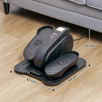 Black under-desk elliptical exerciser with foot pedals, remote and dimensions marked